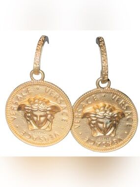 Gold Tone Medusa Coin Drop Hoop Earrings Statement Dangle Jewelry